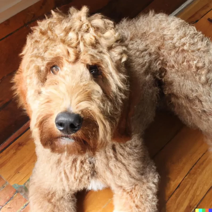 irish goldendoodle sitting on wodden floor looking towards camera